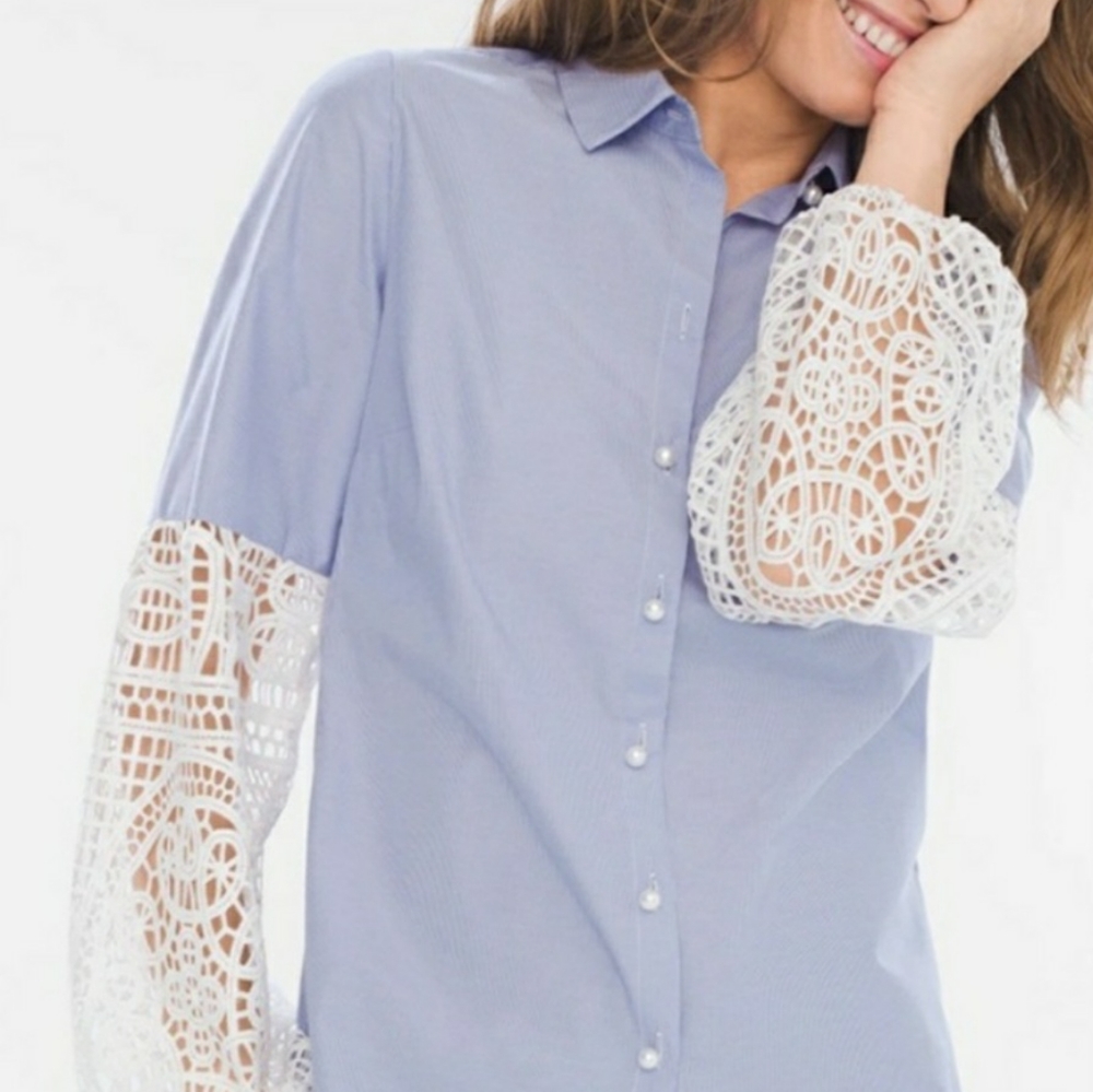 CHICO'S -  Blue & White Striped Button Down Crochet Knit Sleeves Large Petite